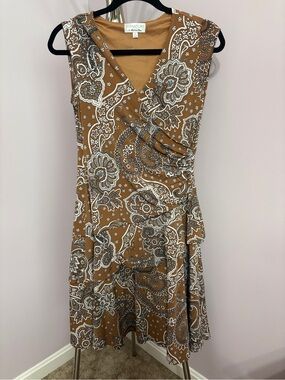 Robbie Bee Brown and White Paisley Midi Faux Wrap Dress